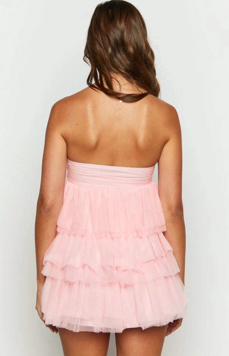 Playful Tiered A-line Strapless Sleeveless Open-Back Mini Tulle Homecoming Dresses for Juniors
