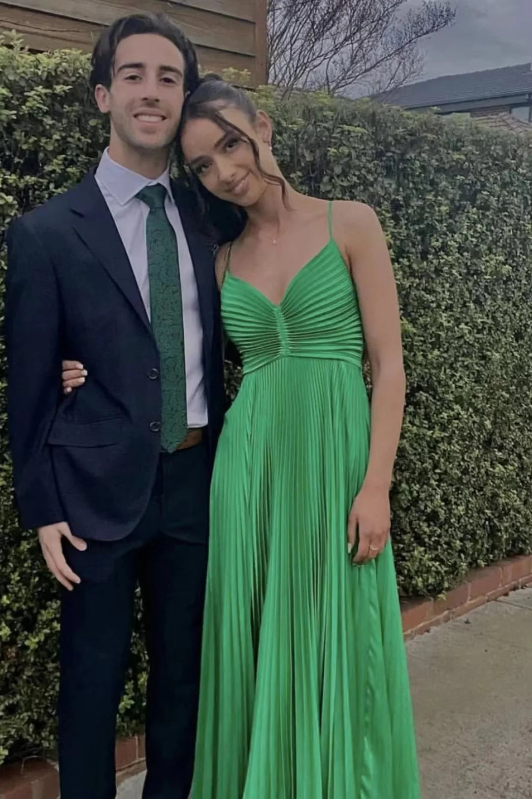 Pleated Satin Prom Dress with V-Neck, Crisscross Back, Bow Detail & A-Line Silhouette