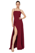 Burgundy Crepe A-Line Floor-Length Dress with Straight Neck and High Slit