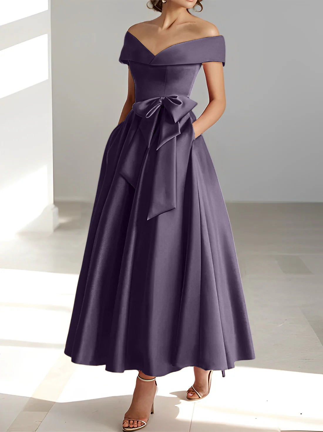 Vestidos de madre de la novia con bolsillos y hombros descubiertos, corte A/Princesa