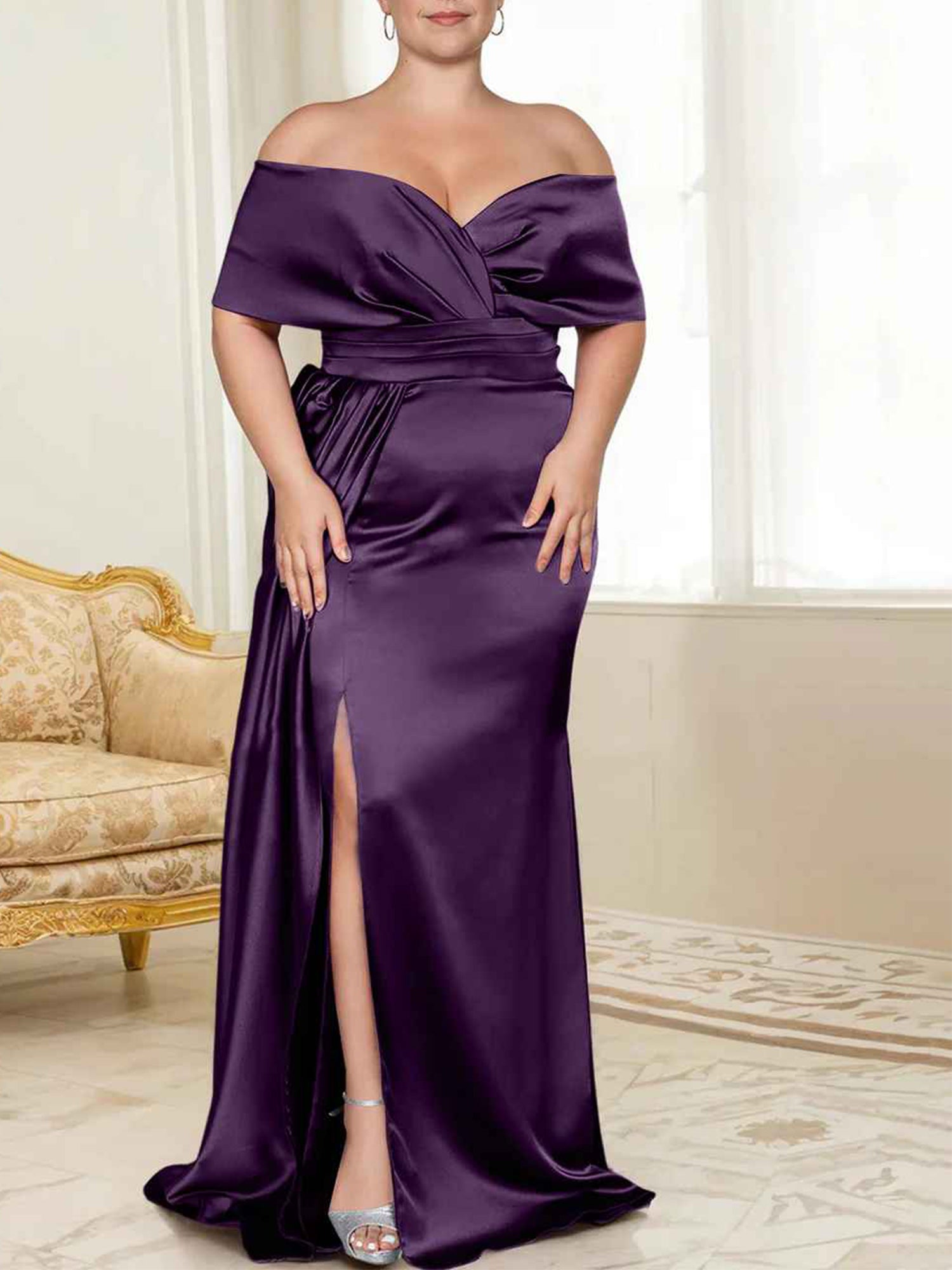 Wisteria Satin Off-the-Shoulder Floor-Length Bridesmaid & Wedding Guest Dress