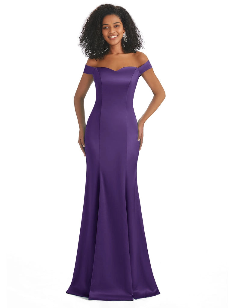Vestidos de dama de honor largos, sencillos, de satén suave, sin mangas y con hombros descubiertos, de corte sirena