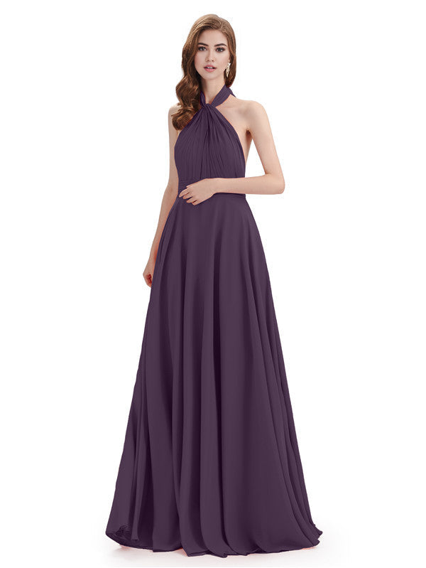 Simple A-Line High Neck Halter Sleeveless Pleats Chiffon Floor Length Bridesmaid Dresses
