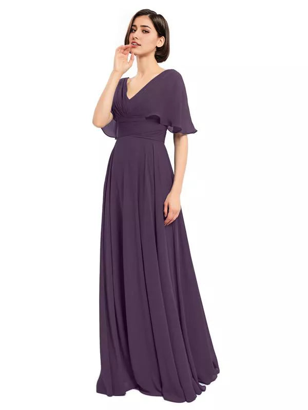 Dusty Blue Chiffon A-Line Floor-Length Bridesmaid Dress with V-Neck and Flutter Sleeves