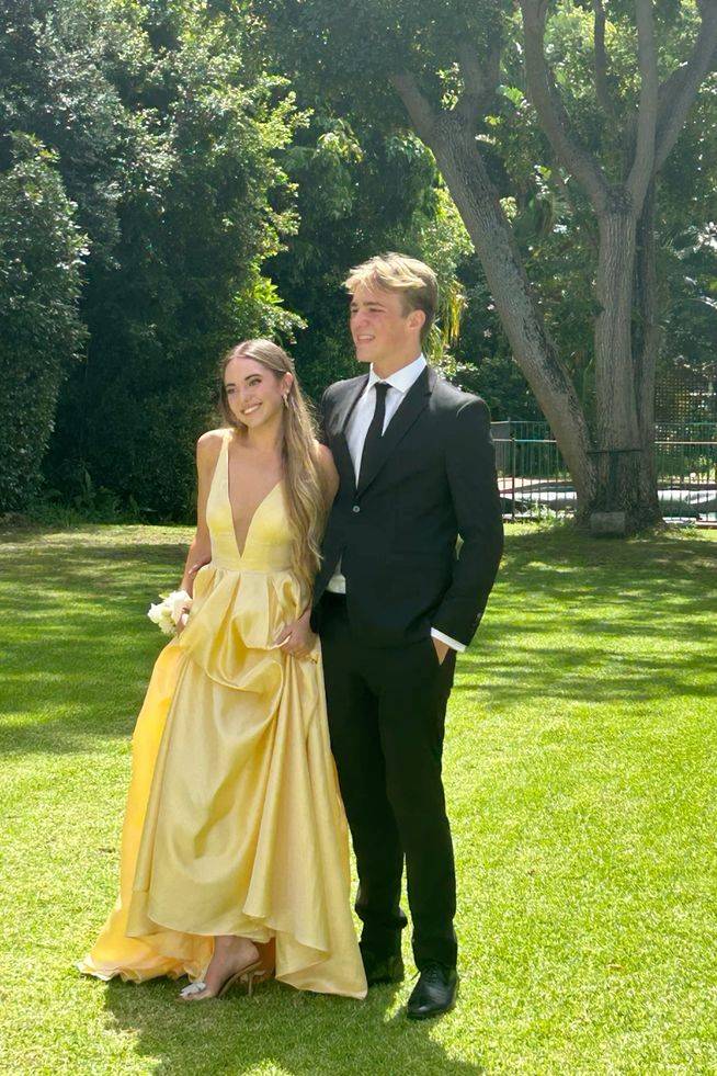 Deep V-Neck Satin Ball Gown Prom Dress with Pockets and Open Back