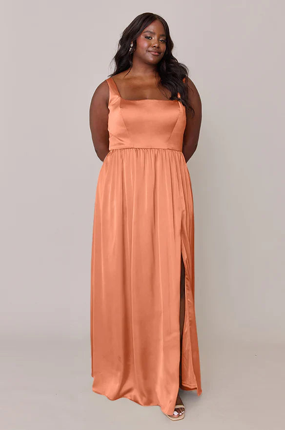Plus Size Satin Bridesmaid Dress with Square Neckline & High Slit A-Line Skirt