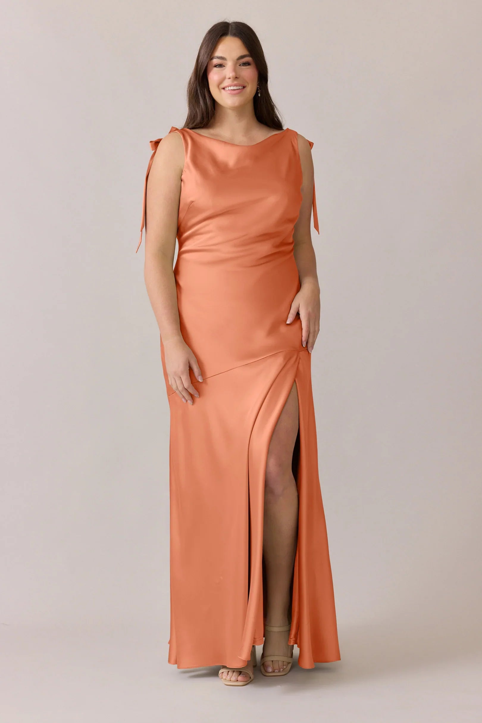 Plus Size Satin Bridesmaid Dress with Tie-Strap Detail & Cowl Back