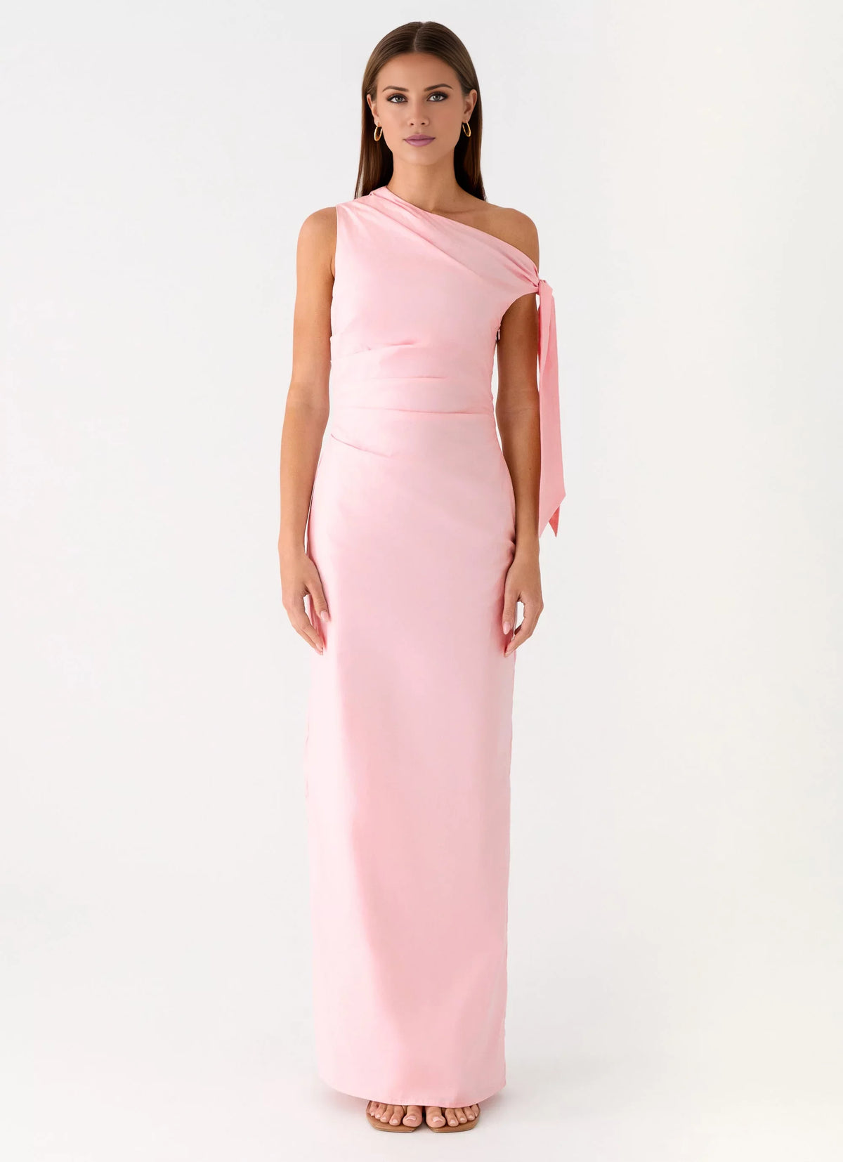 Blushing Pink Satin One Shoulder Floor-Length Dress with Draped Bodice