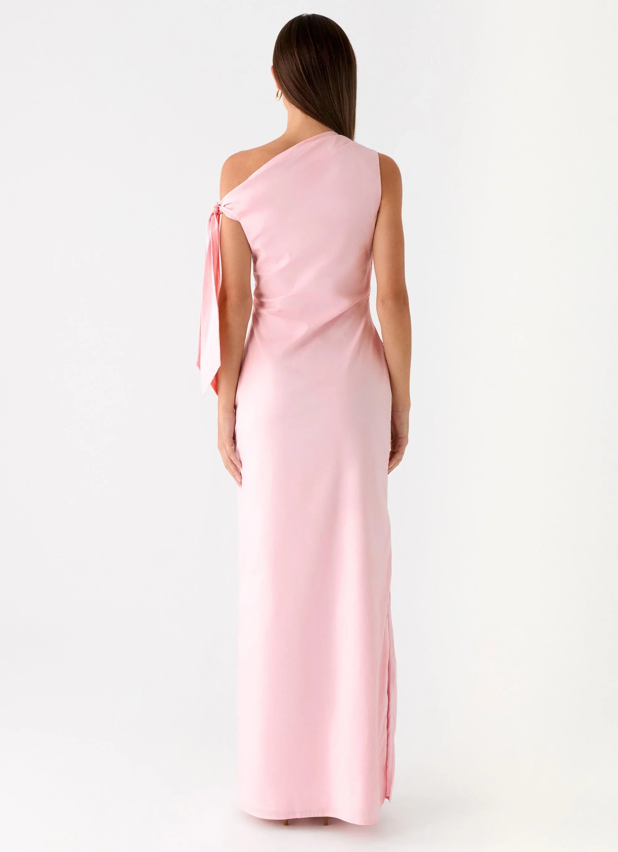Polished One-Shoulder Neck Sleeveless Tie-Detail Satin Floor-Length Prom Dress