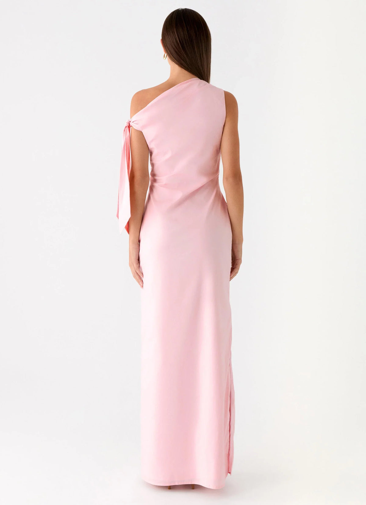Blushing Pink Satin One Shoulder Floor-Length Dress with Draped Bodice