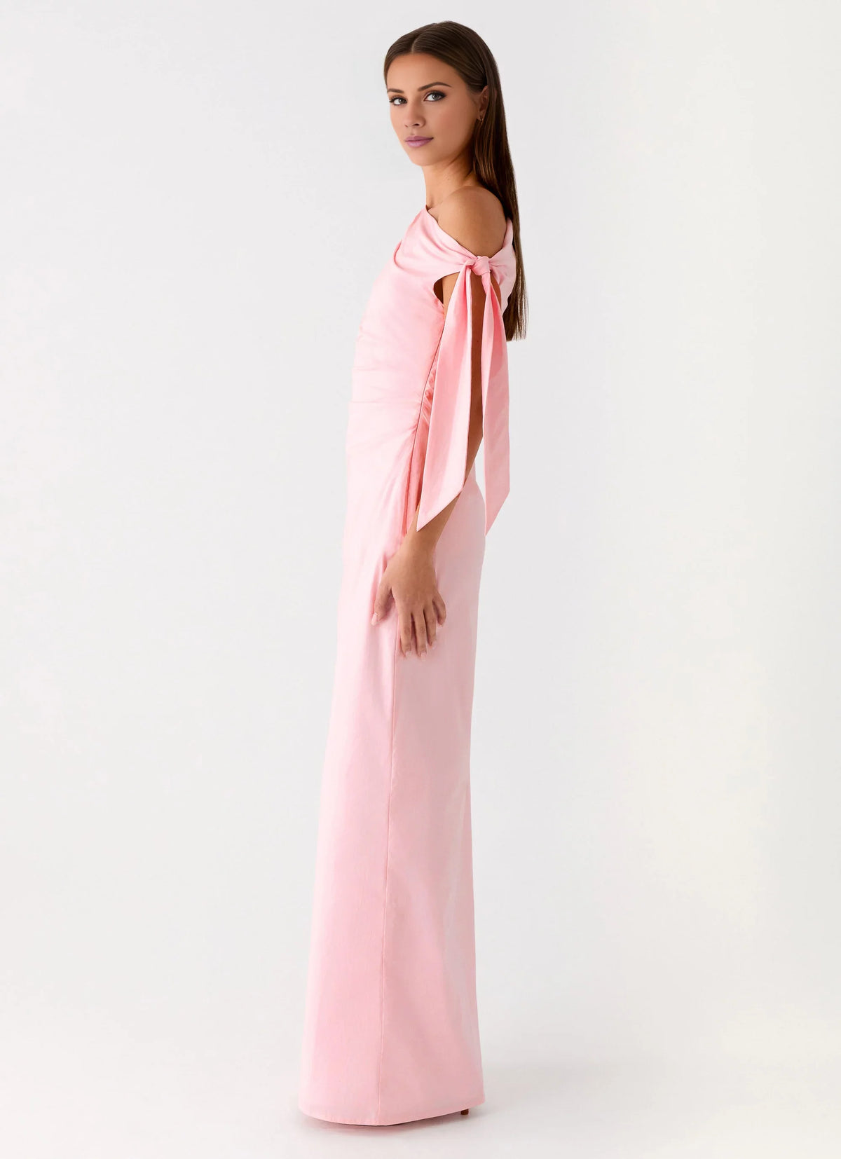 Blushing Pink Satin One Shoulder Floor-Length Dress with Draped Bodice