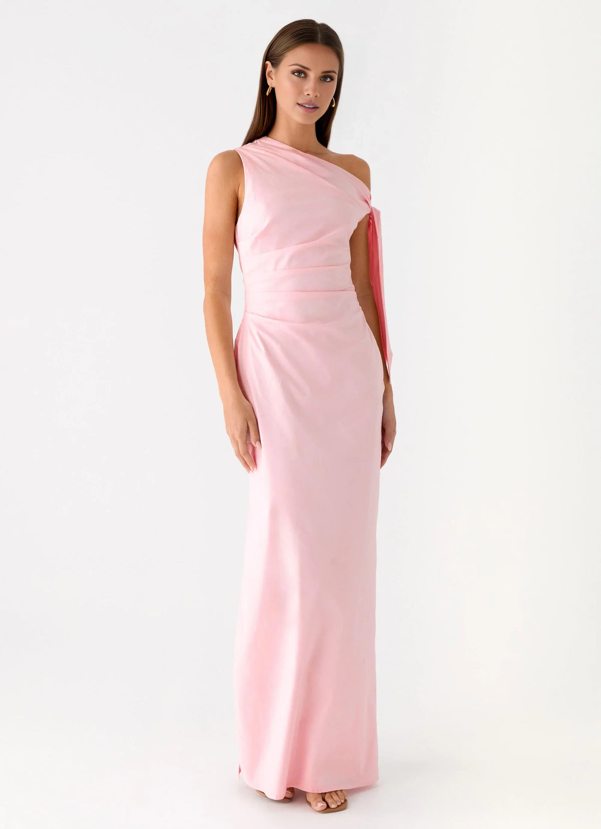 Blushing Pink Satin One Shoulder Floor-Length Dress with Draped Bodice