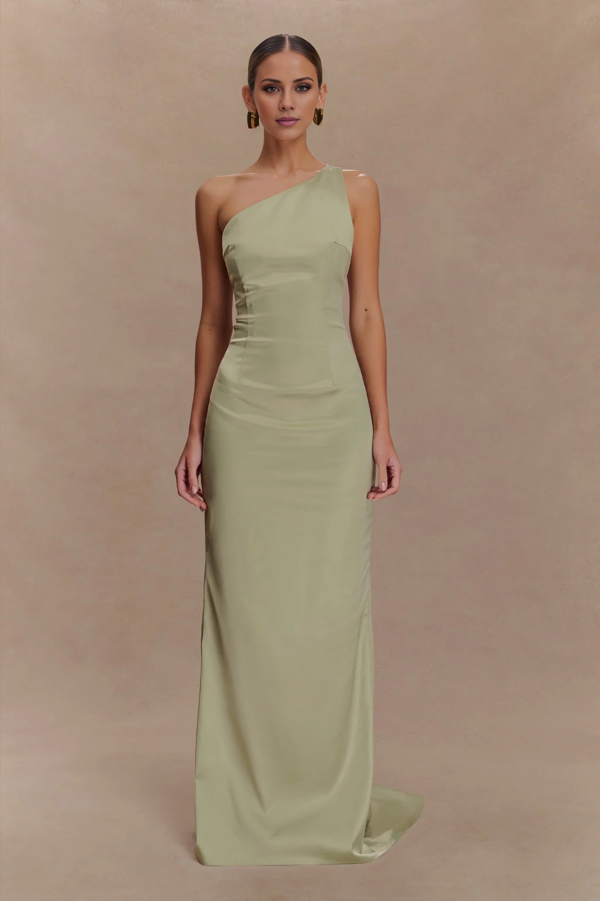Polished Satin One-Shoulder Neck Cut-Out Train Back Zip Floor-Length Evening Dress