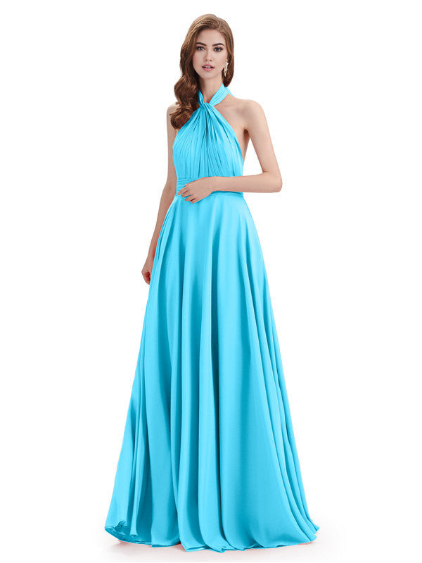 Simple A-Line High Neck Halter Sleeveless Pleats Chiffon Floor Length Bridesmaid Dresses