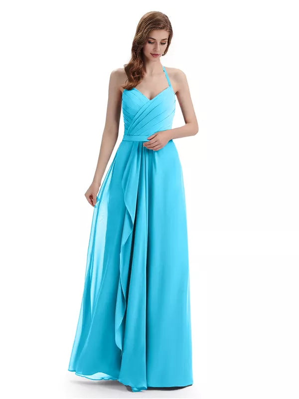 Charming Halter V-neck Off Shoulder Sleeveless Floor Length Bridesmaid Dresses