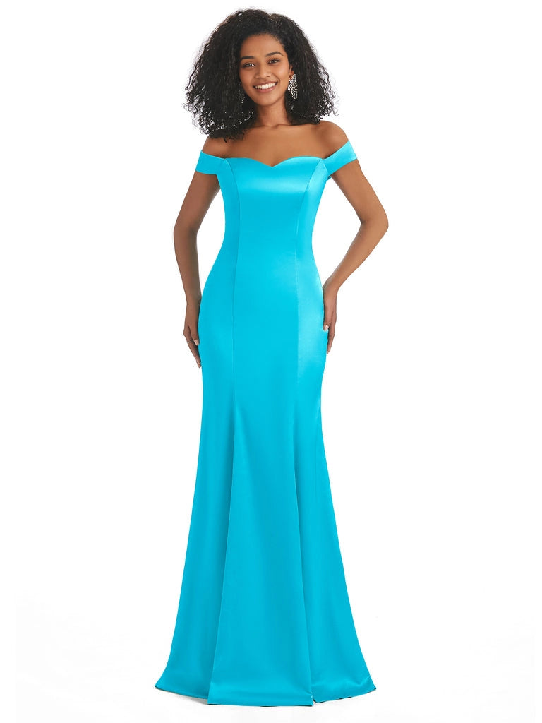 Vestidos de dama de honor largos, sencillos, de satén suave, sin mangas y con hombros descubiertos, de corte sirena