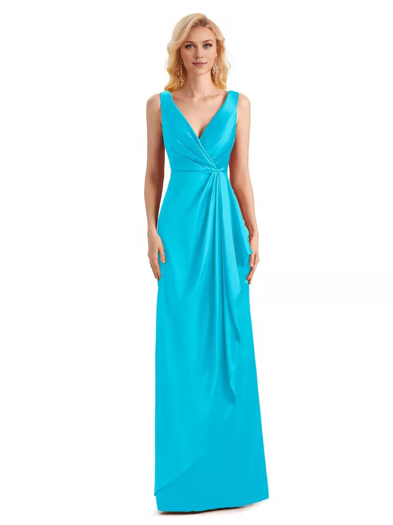 Elegantes vestidos de dama de honor formales, largos hasta el suelo, de satén suave, con escote en V y sin mangas