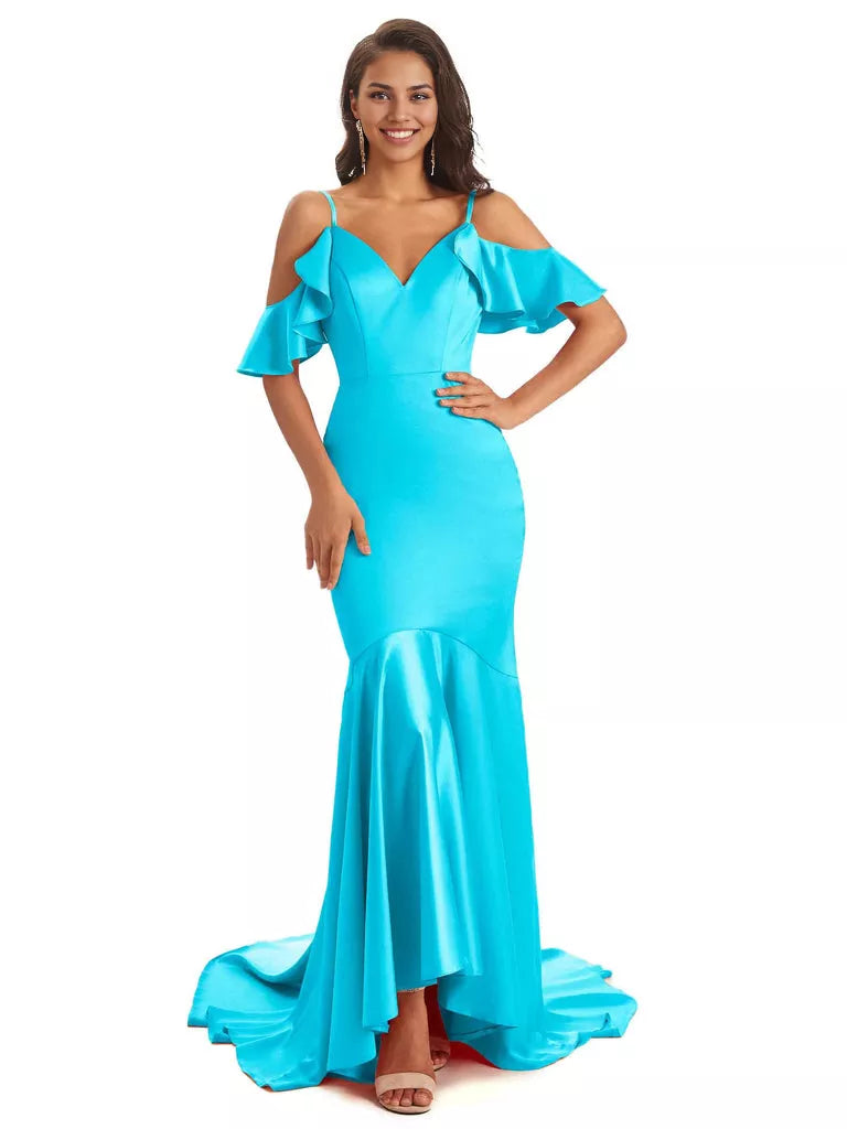 Soft Satin Asymmetric Spaghetti Straps Sleeveless Mermaid Cold Shoulder Bridesmaid Dresses