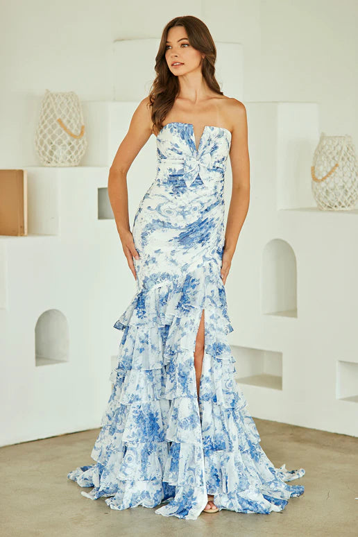 Porcelain Floral Mermaid Strapless Bow Detail Lace-Up Back Tiered Ruffle Slit Chiffon Prom Dress