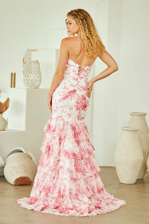Porcelain Floral Mermaid Strapless Bow Detail Lace-Up Back Tiered Ruffle Slit Chiffon Prom Dress