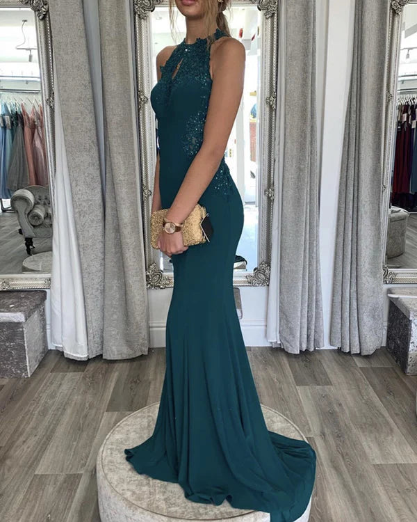 Emerald Mermaid Floor-Length Halter Keyhole Lace Applique Evening Dress