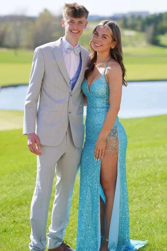 Sky Blue Sequin Floor-Length Sheath/column V-Neck Backless Dress with High Side Slit