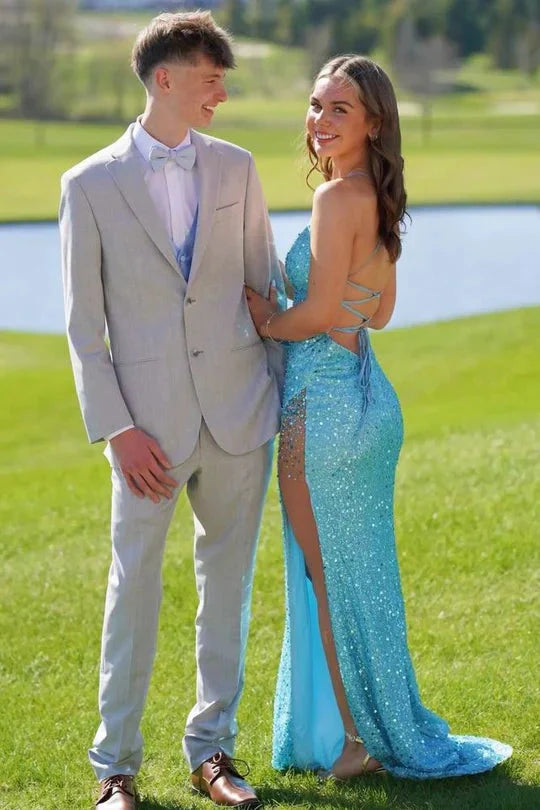 Sky Blue Sequin Floor-Length Sheath/column V-Neck Backless Dress with High Side Slit