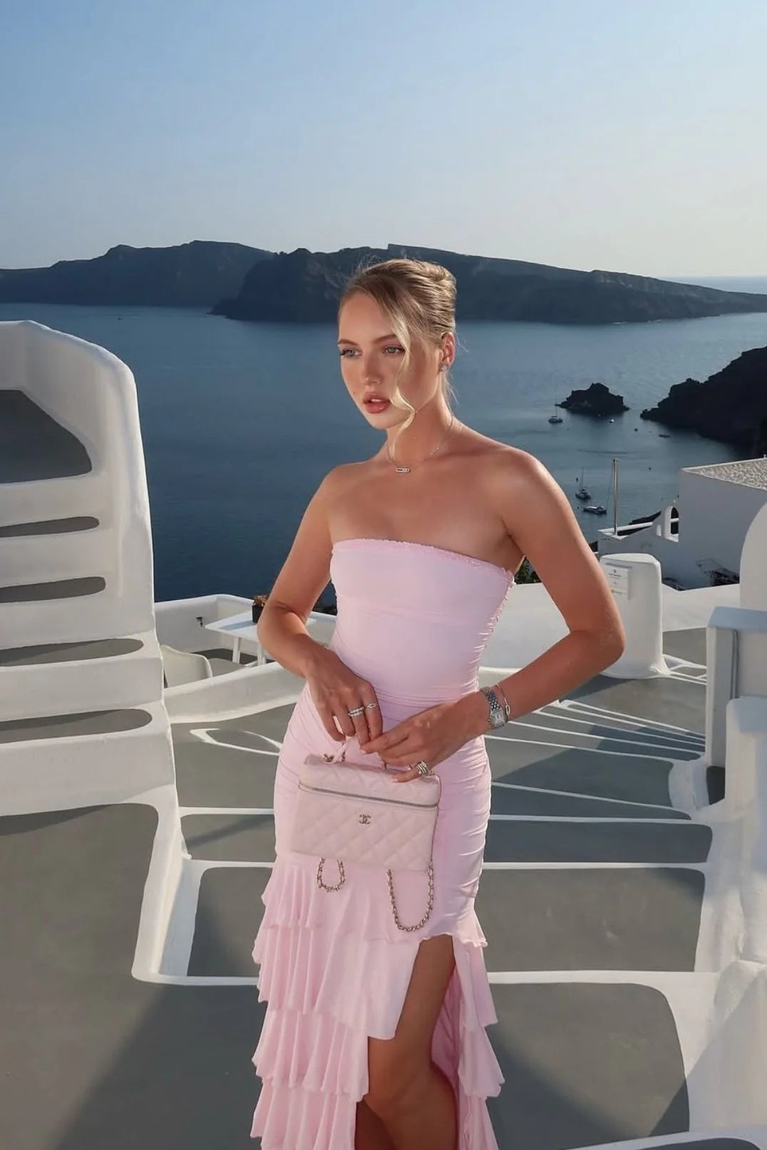 Prom Dresses Blush Pink Strapless Ruched Tiered Ruffle High Slit Mermaid Gown