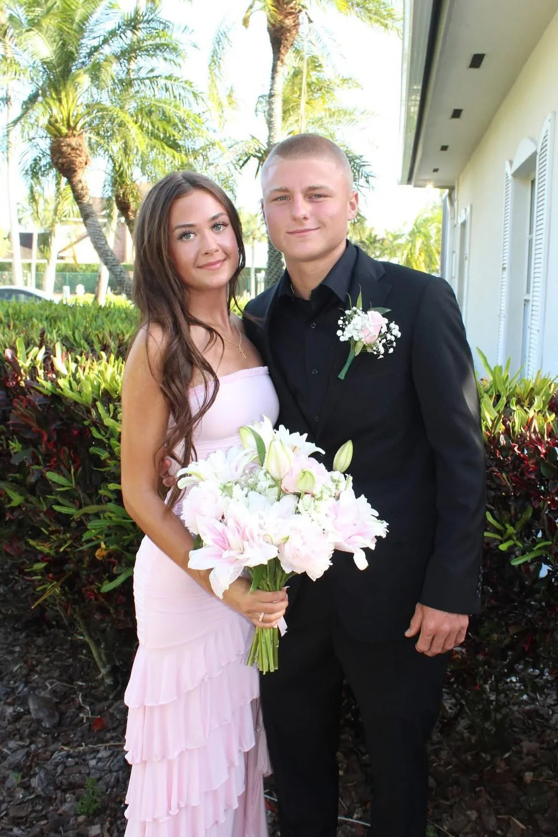 Prom Dresses Blush Pink Strapless Ruched Tiered Ruffle High Slit Mermaid Gown