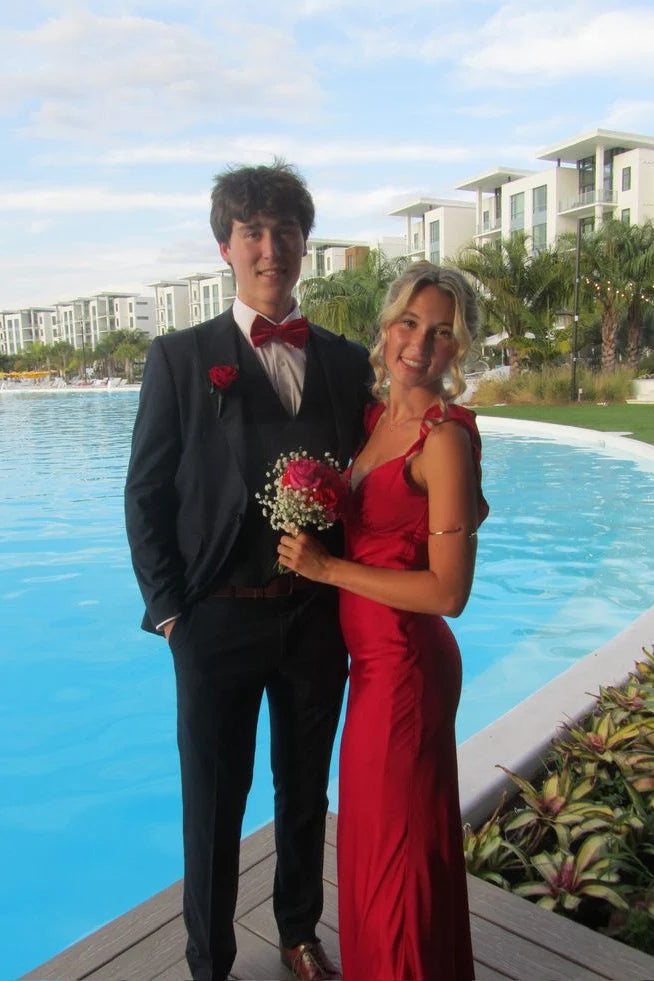 Red Satin Sheath/column Floor-Length Bridesmaid Dress with Ruffled V-Neck