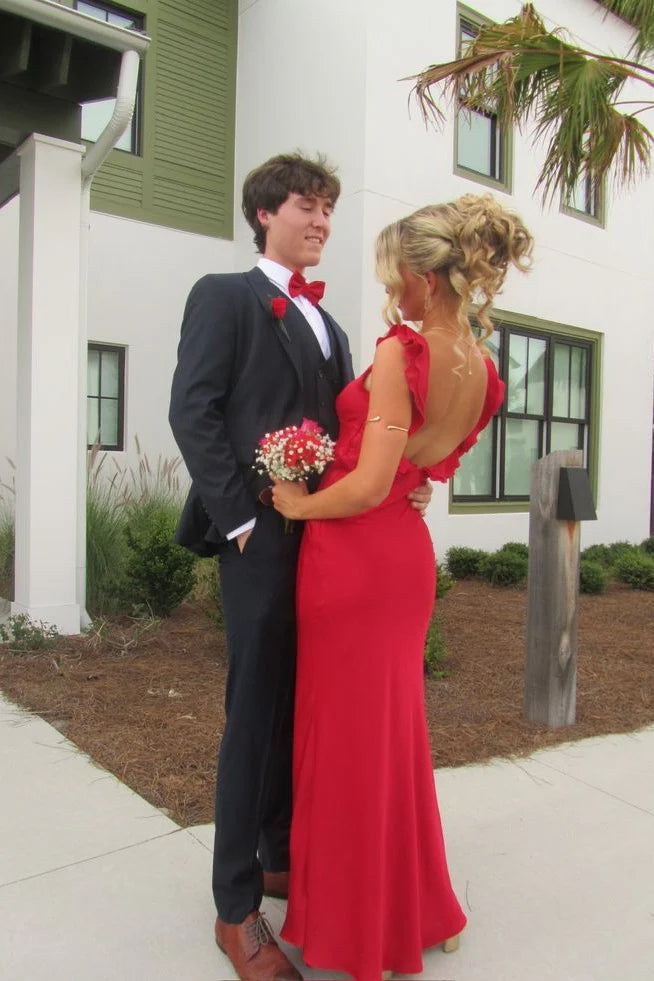 Prom Dresses Red Satin Ruffle Strap Open Back Ruched Mermaid Floor-Length Gown