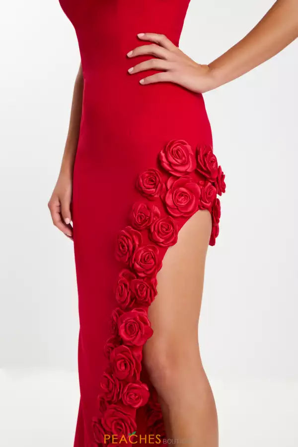 Red Crepe Sheath/column Floor-Length Evening Dress with Strapless Straight Neck, High Slit, 3D Roses & Back Zip