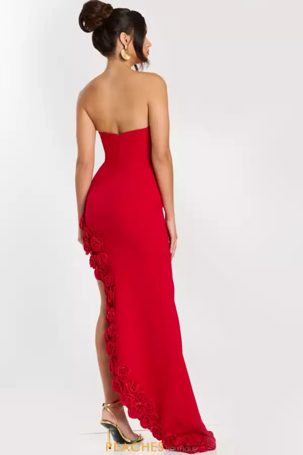 Red Crepe Sheath/column Floor-Length Evening Dress with Strapless Straight Neck, High Slit, 3D Roses & Back Zip