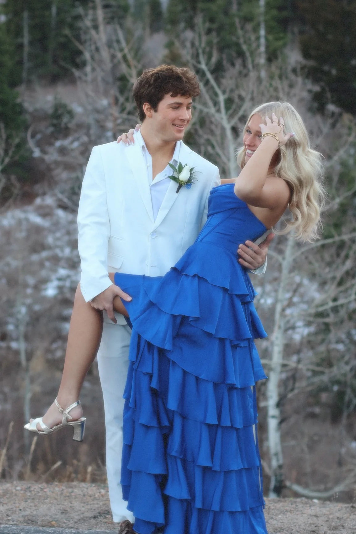 Prom Dresses Royal Blue Tiered Ruffle Spaghetti Strap Crisscross Back High Slit Gown