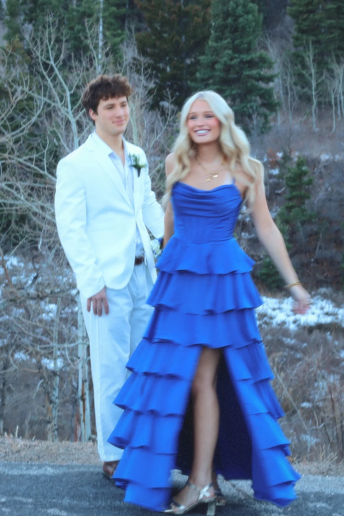 Royal Blue Satin A-Line Cowl Neck Floor-Length Gown with Tiered Ruffles & High Slit