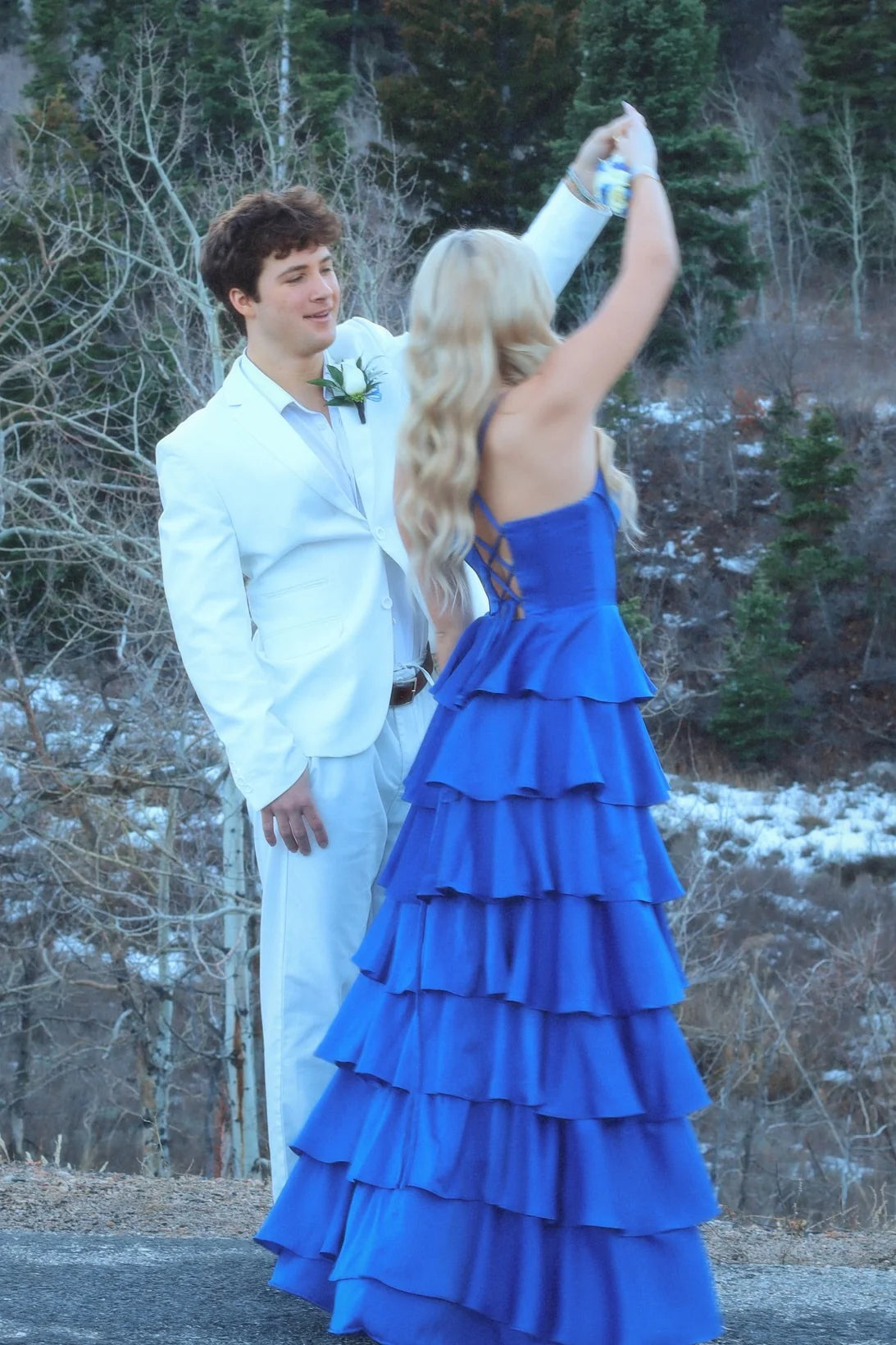 Prom Dresses Royal Blue Tiered Ruffle Spaghetti Strap Crisscross Back High Slit Gown