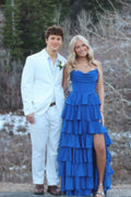 Royal Blue Satin A-Line Cowl Neck Floor-Length Gown with Tiered Ruffles & High Slit