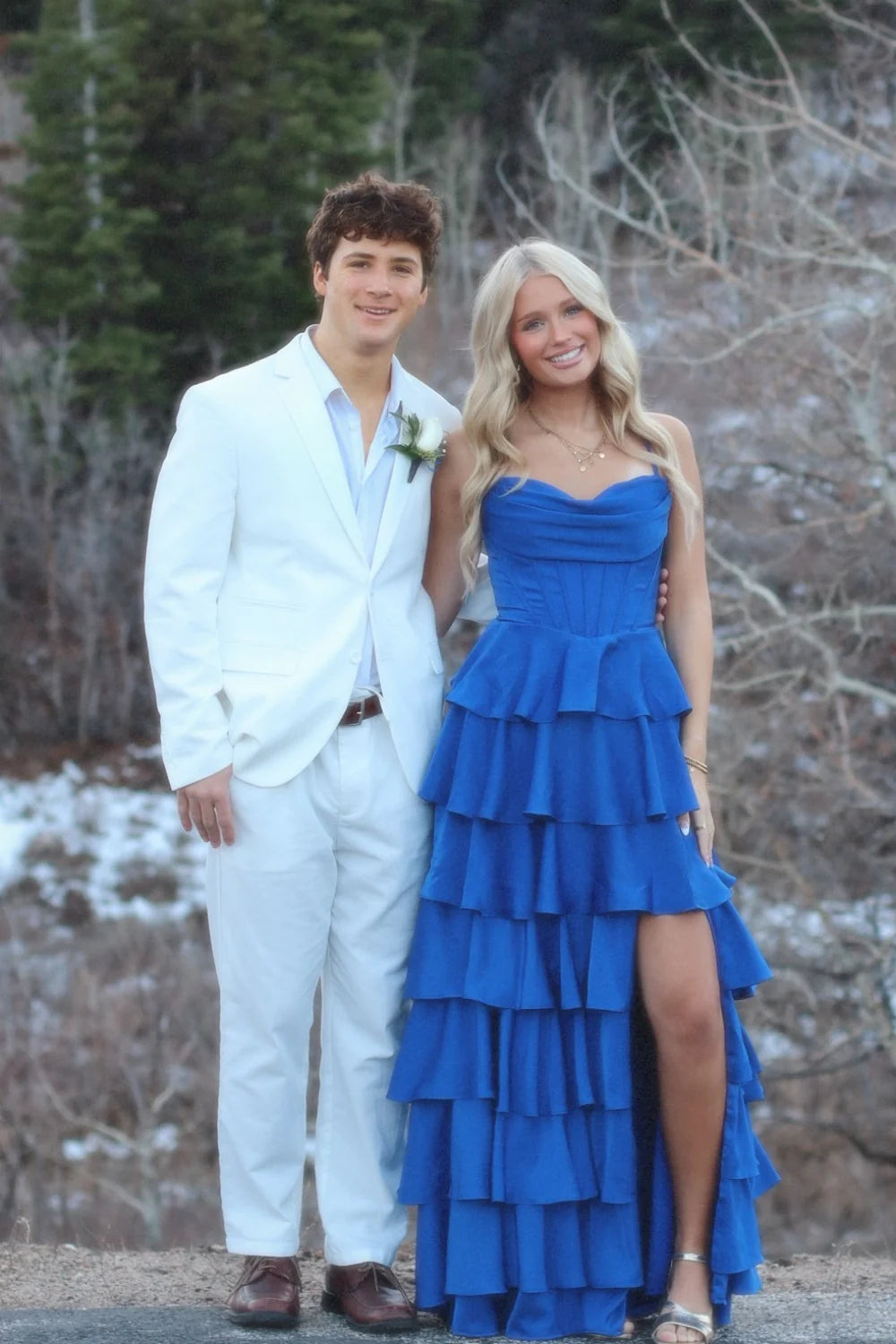 Royal Blue Satin A-Line Cowl Neck Floor-Length Gown with Tiered Ruffles & High Slit