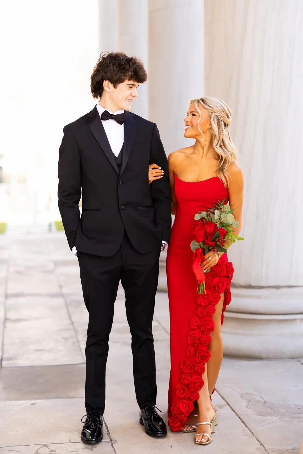 Red Crepe Sheath/column Floor-Length Evening Dress with Strapless Straight Neck, High Slit, 3D Roses & Back Zip
