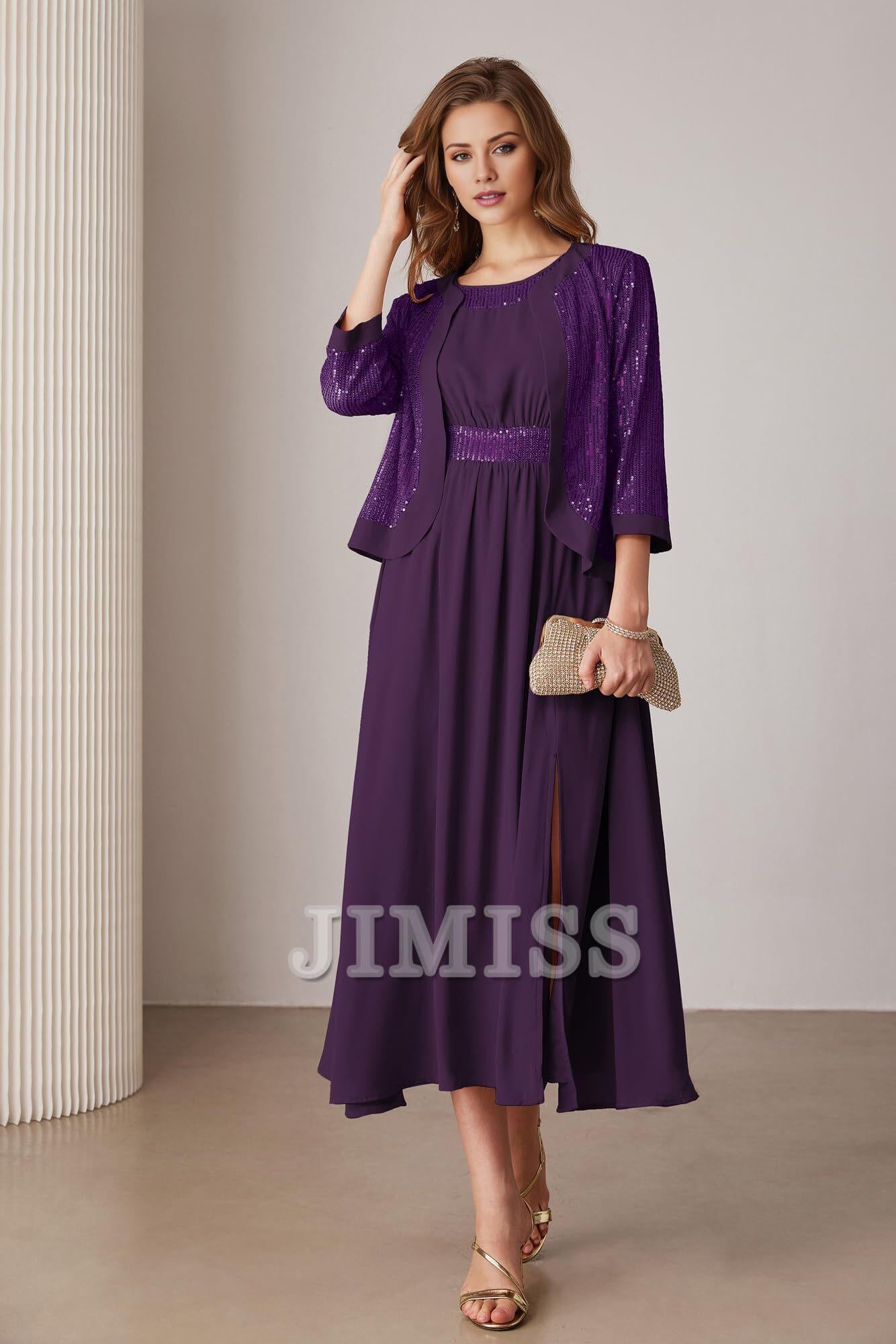Black Chiffon A-Line Midi Evening Dress with Square Neck & Sequin Jacket