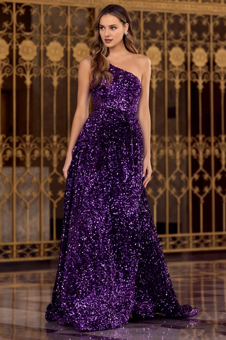 Single shoulder sequin side slit back single shoulder strap and floor length evening dress