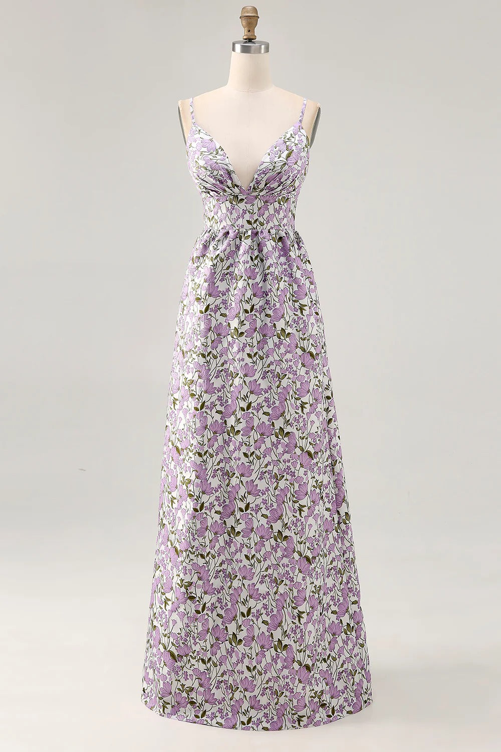 Purple Floral Spaghetti Strap Maxi Dress with Waist Bow