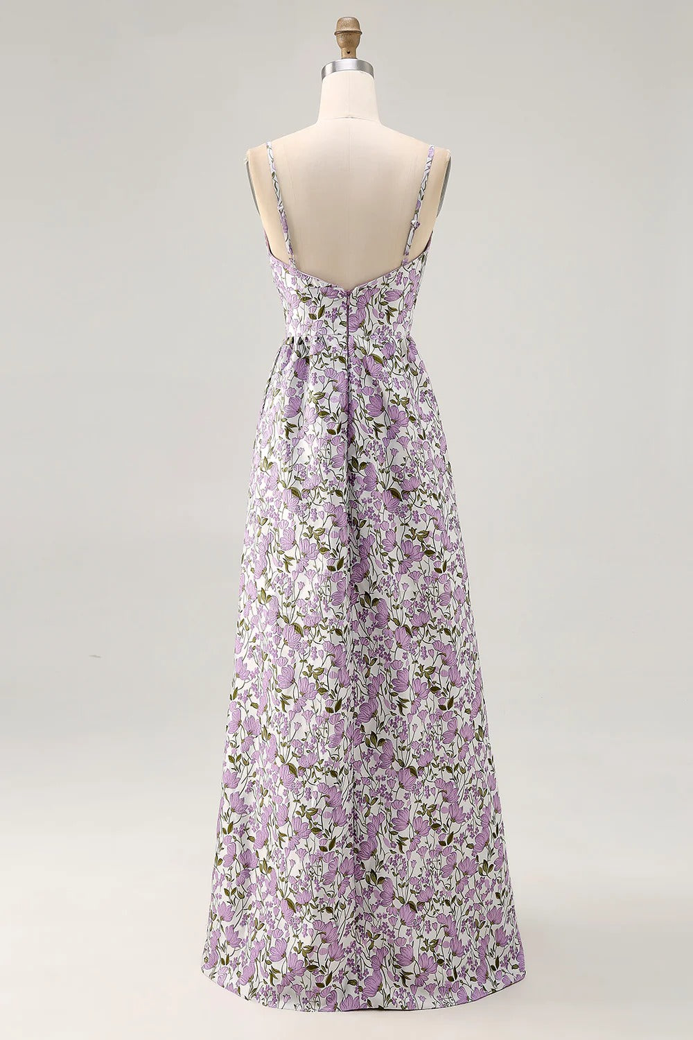 Purple Floral Spaghetti Strap Maxi Dress with Waist Bow
