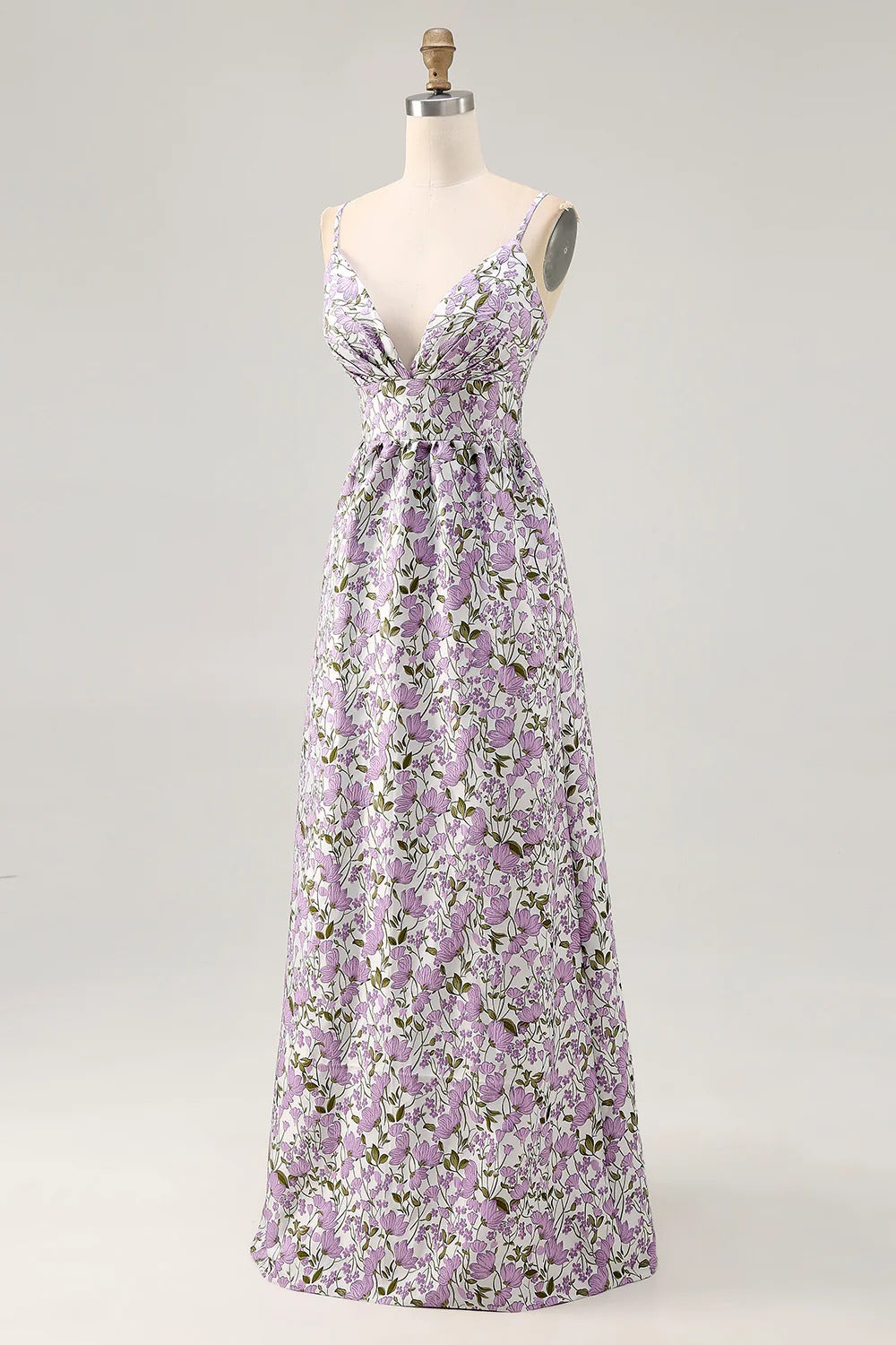 Purple Floral Spaghetti Strap Maxi Dress with Waist Bow