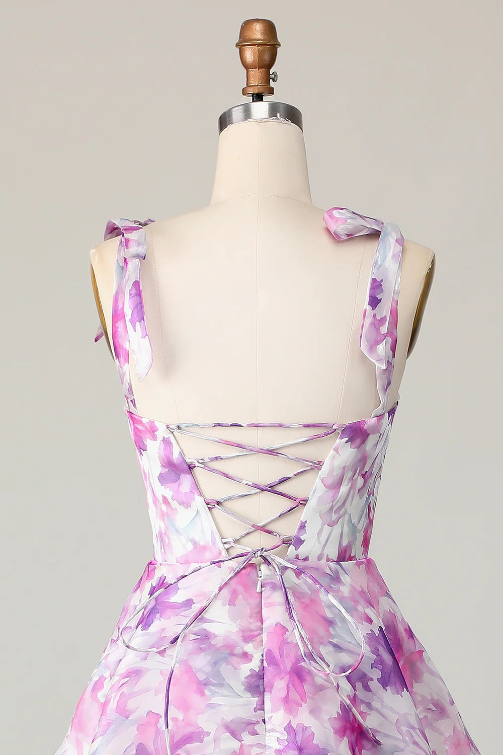 Purple Floral Tiered Ruffled Organza Midi Dress with Lace-Up Back