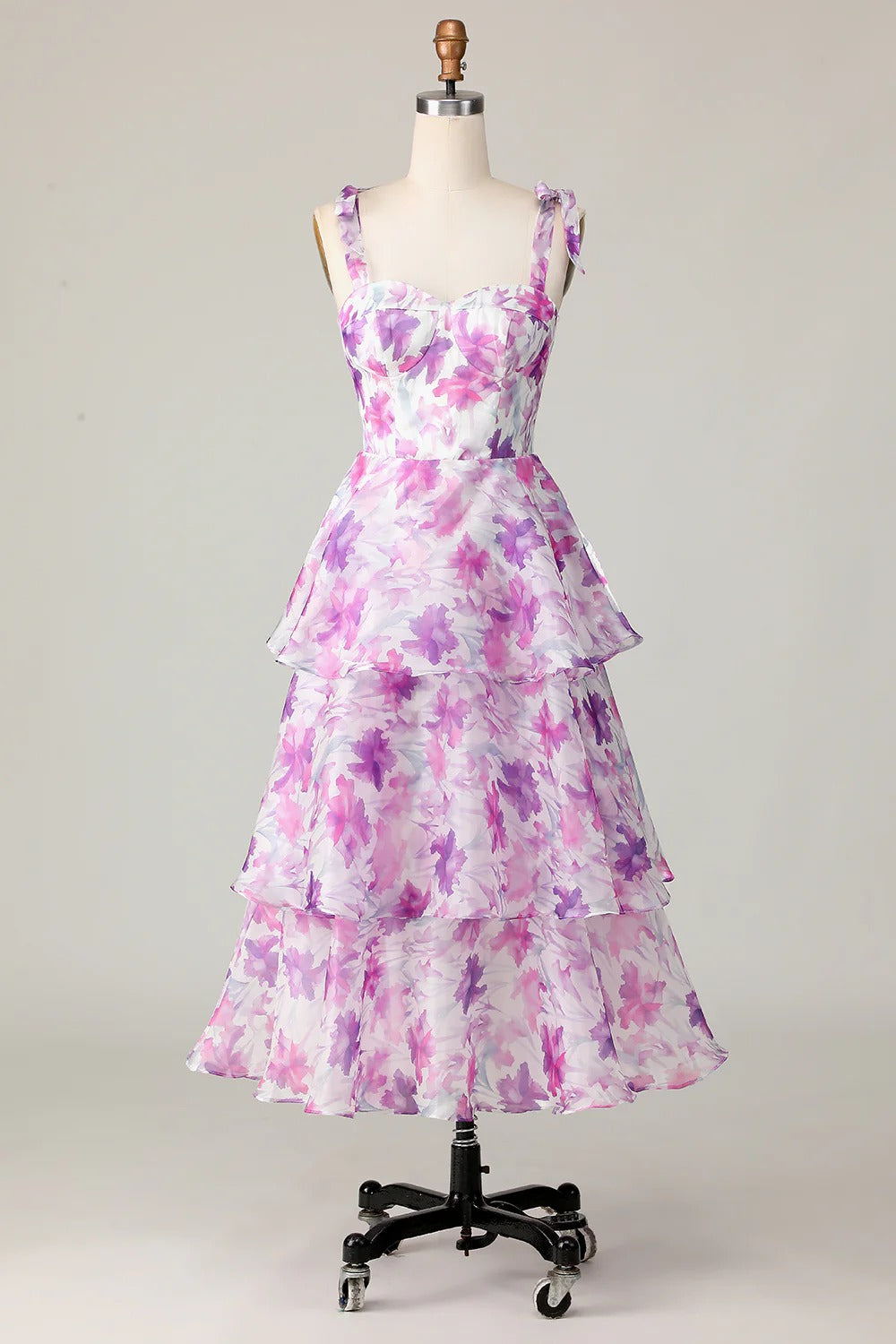 Purple Floral Tiered Ruffled Organza Midi Dress with Lace-Up Back