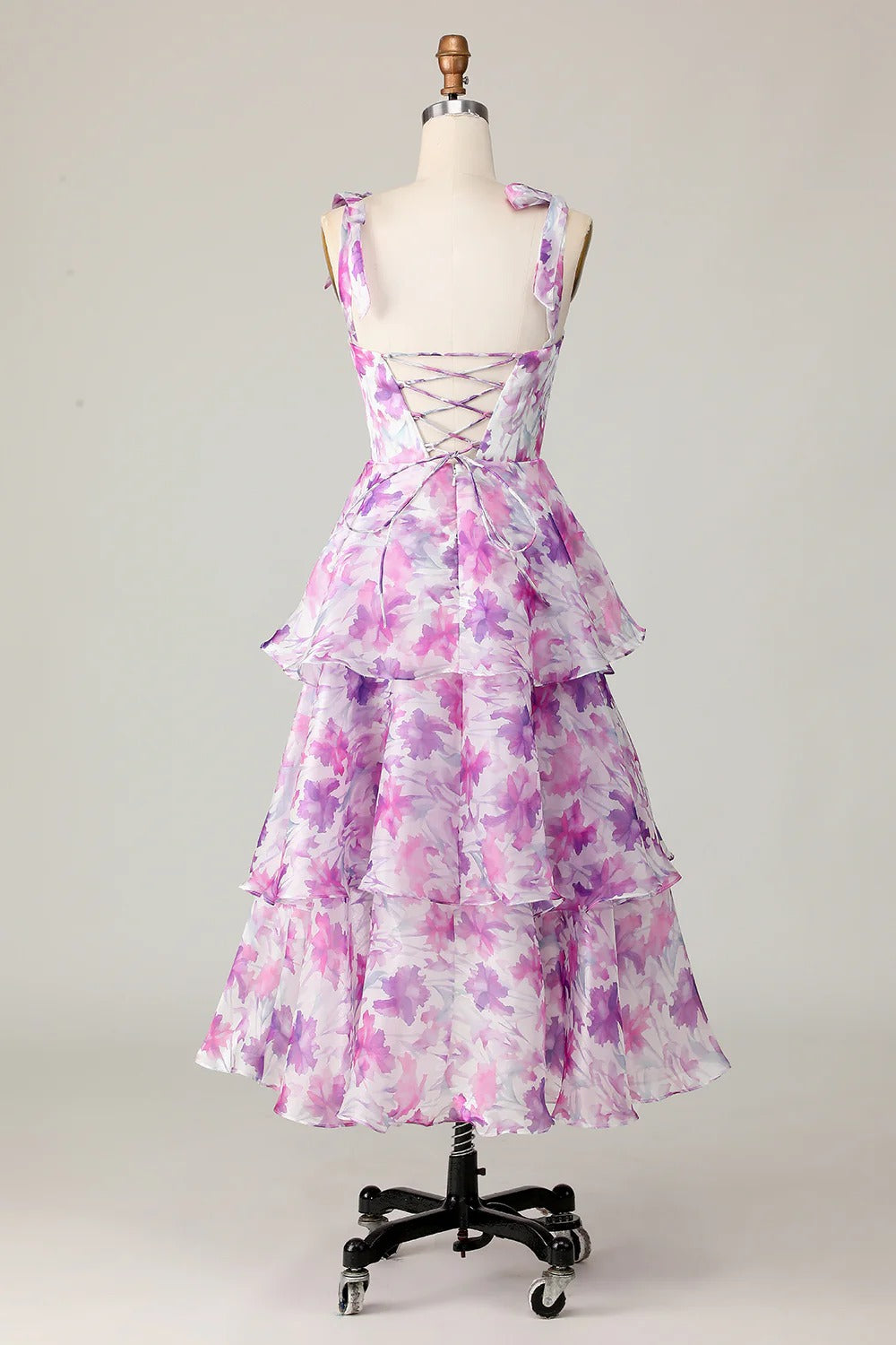 Purple Floral Tiered Ruffled Organza Midi Dress with Lace-Up Back