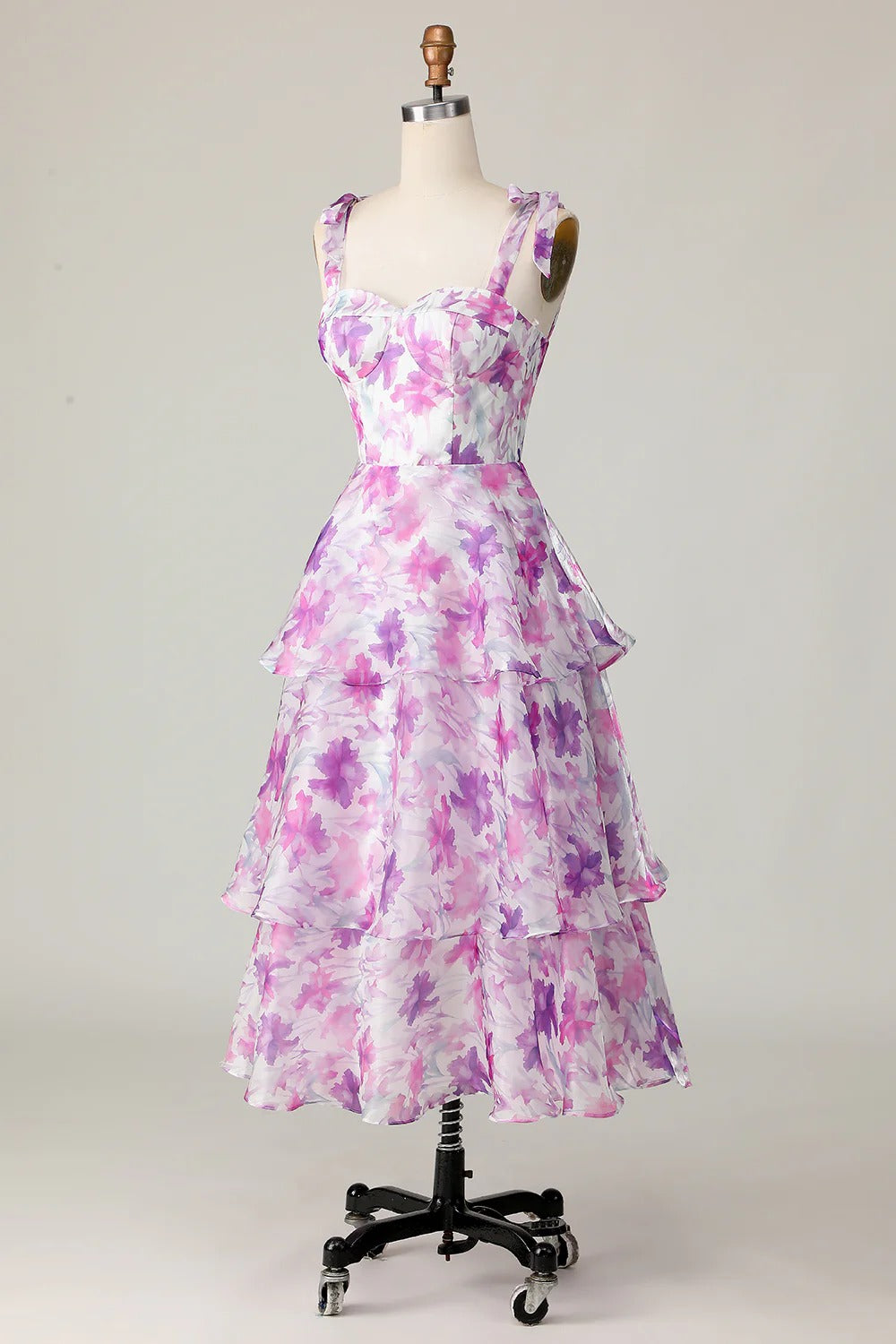 Purple Floral Tiered Ruffled Organza Midi Dress with Lace-Up Back
