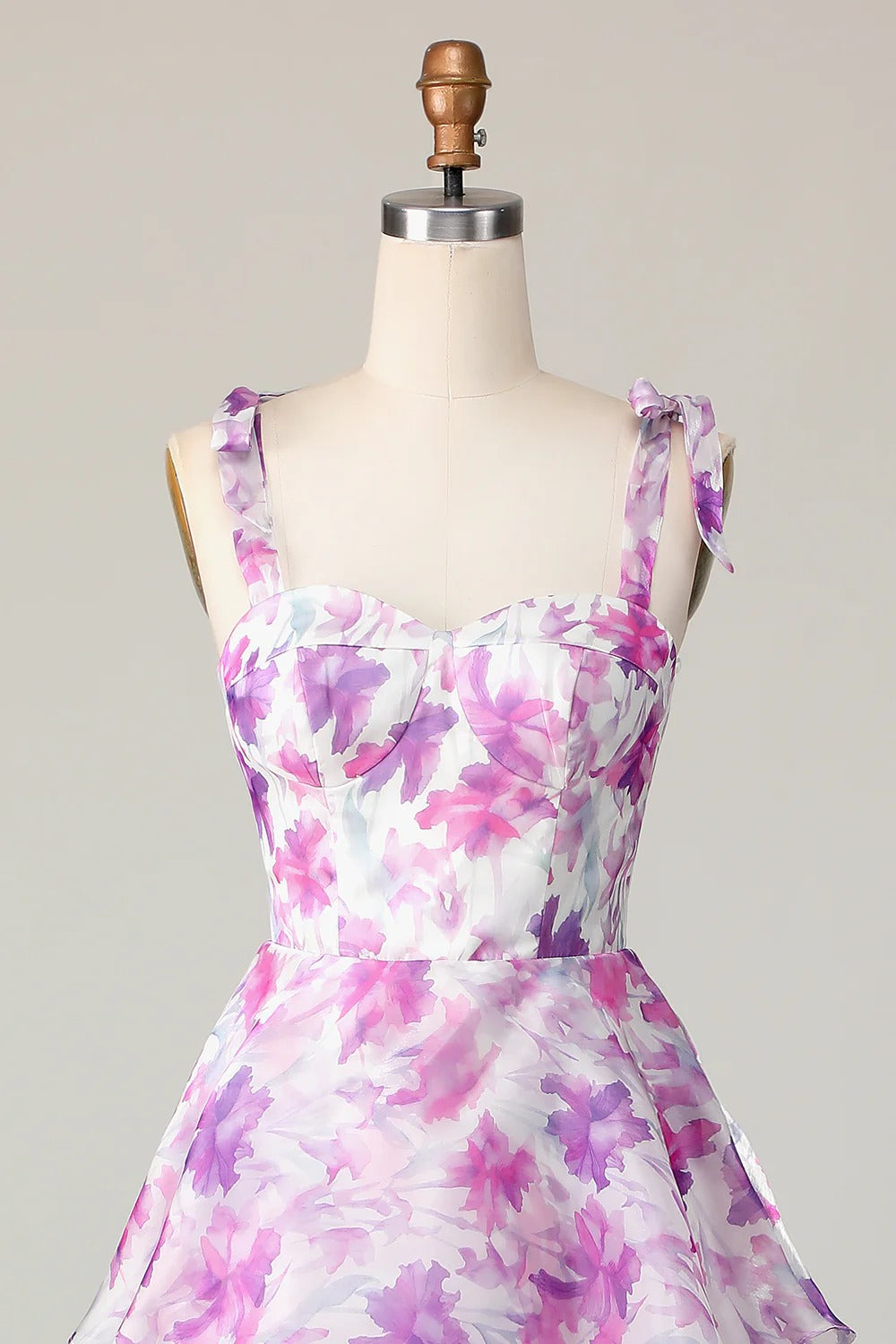 Purple Floral Tiered Ruffled Organza Midi Dress with Lace-Up Back