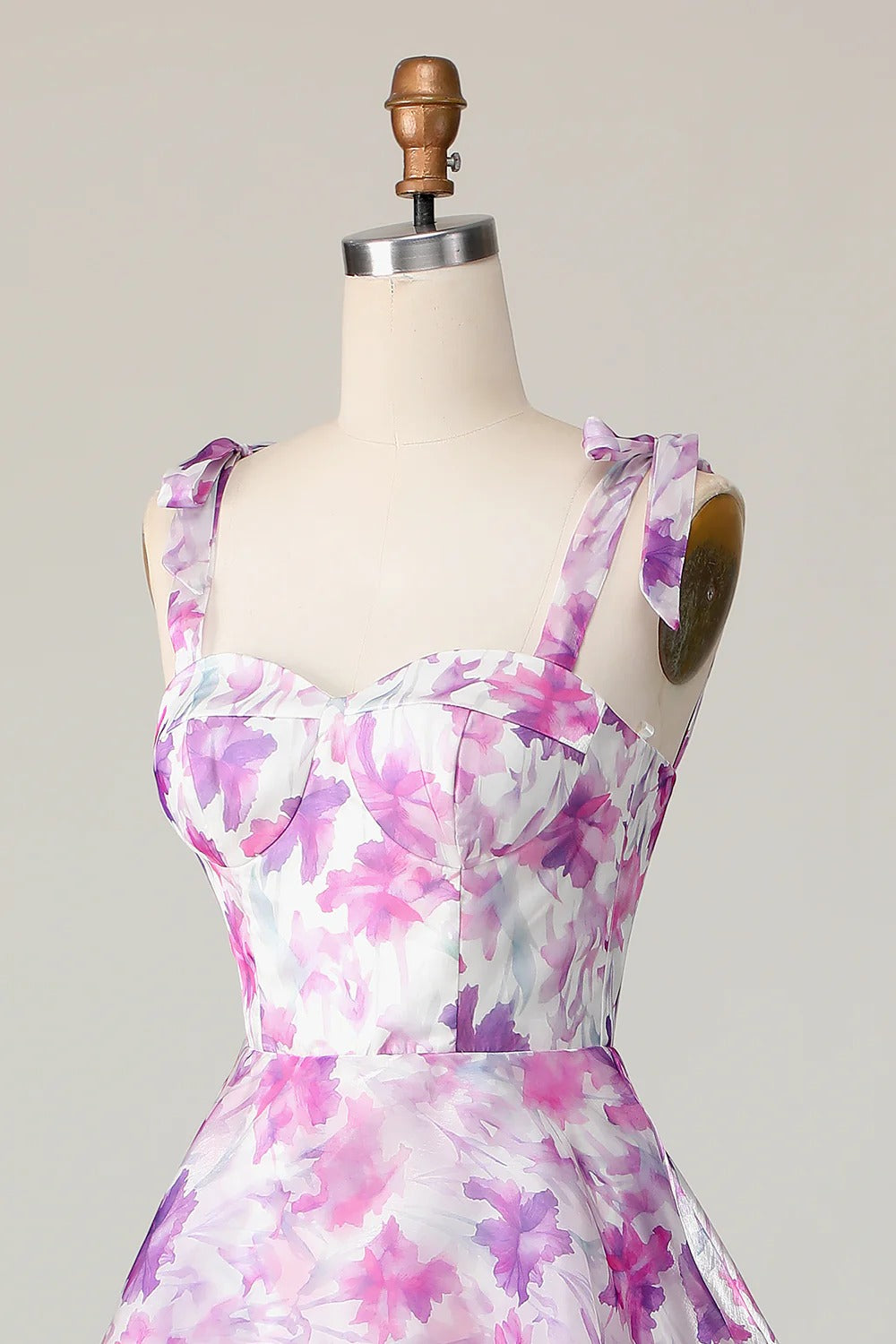 Purple Floral Tiered Ruffled Organza Midi Dress with Lace-Up Back